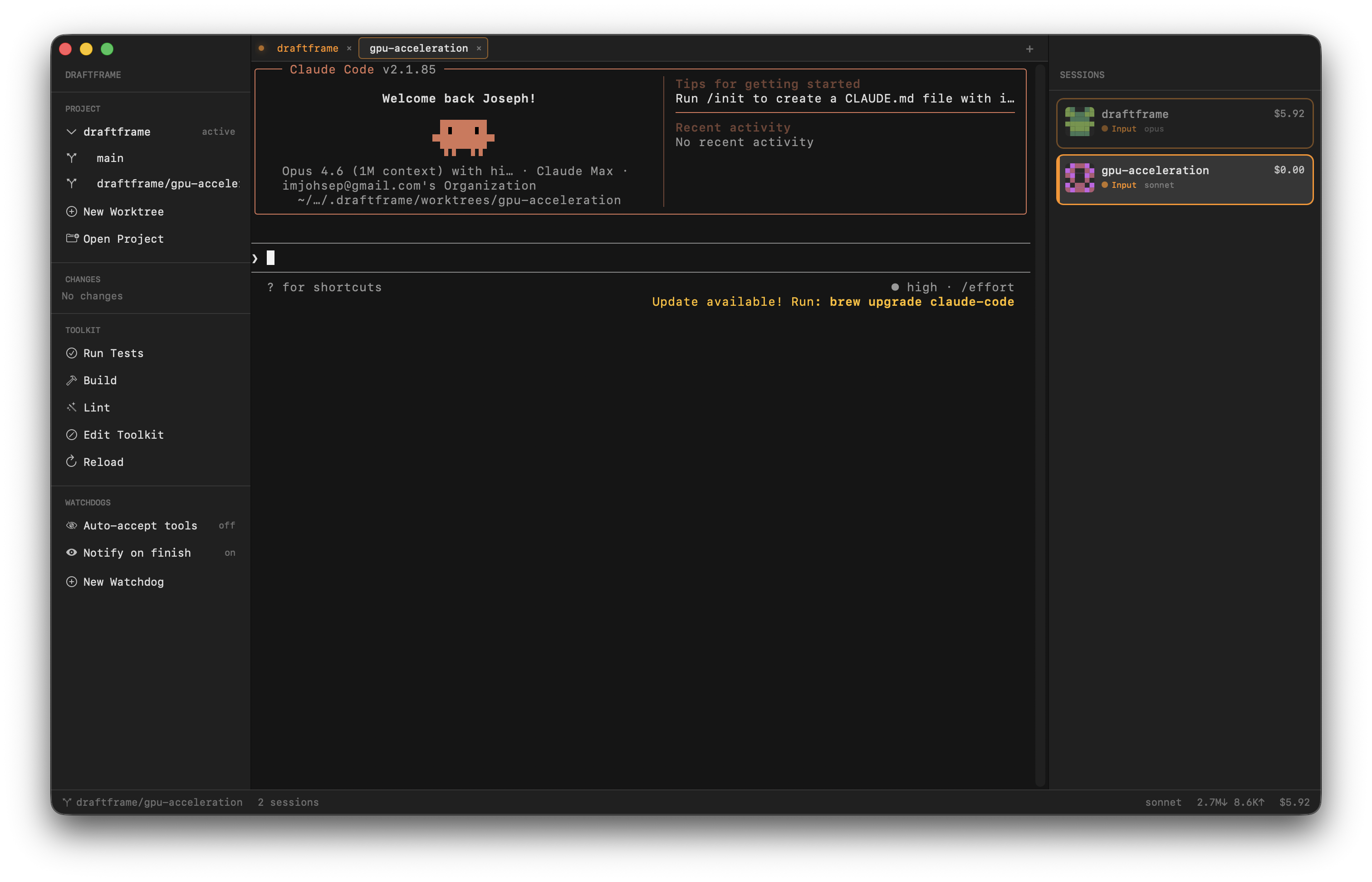 DraftFrame — parallel Claude Code sessions with live status tracking